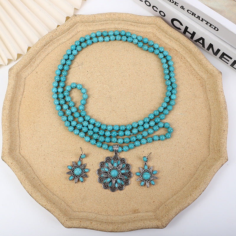 Wholesale Vintage three-layer flower earrings turquoise earrings